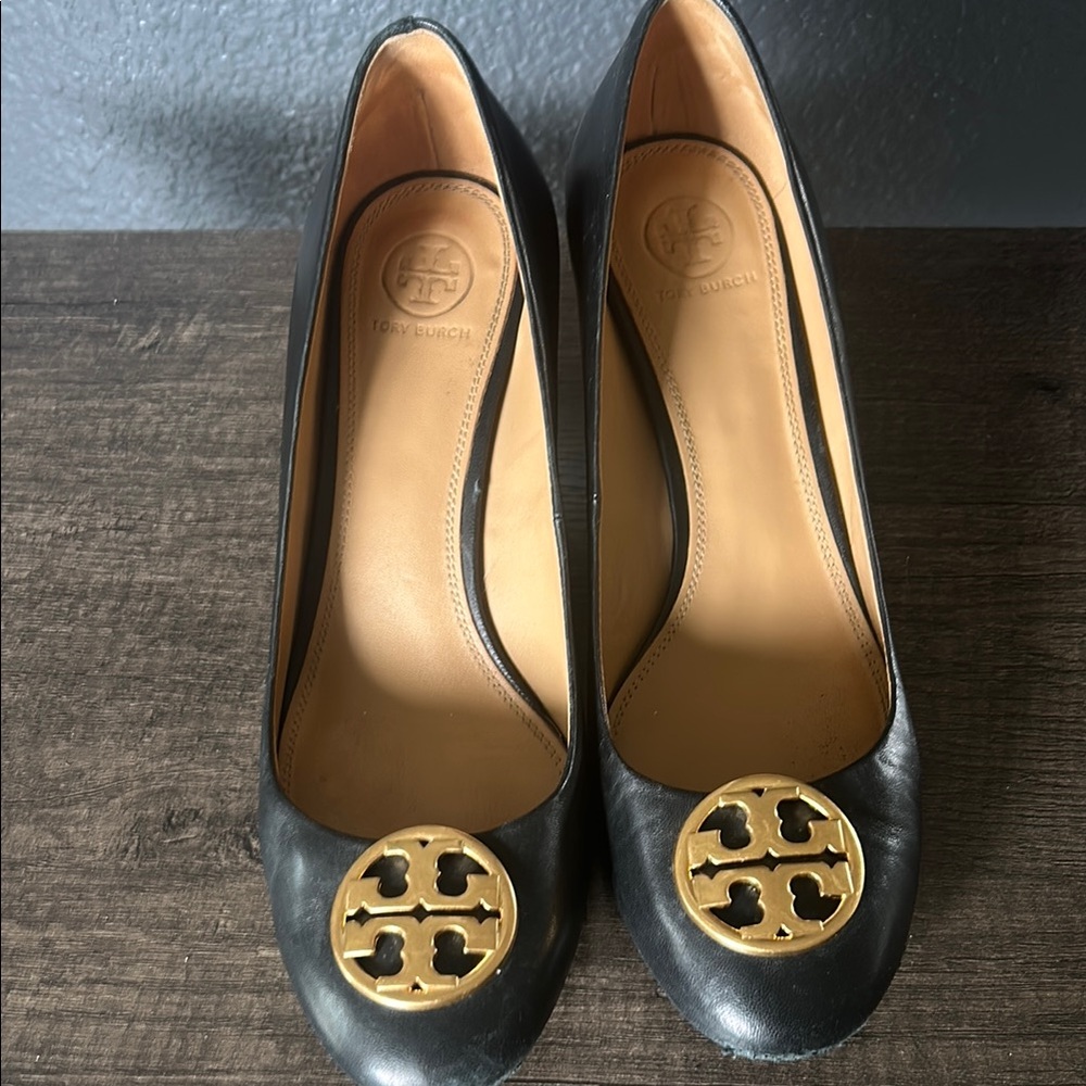 Tory Burch Black and Gold Leather Loafers